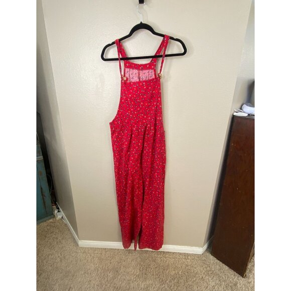 Red Floral Womens Overalls Sleeveless Wide-Leg Jumpsuit Cotton Blend - Picture 1 of 6